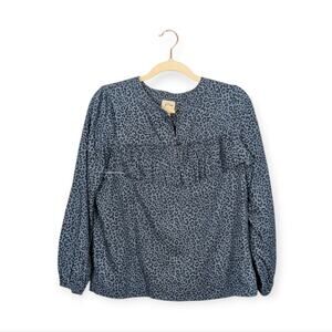 J. Crew Blue Leopard Chambray Ruffle Front Long Sleeve Top Size S